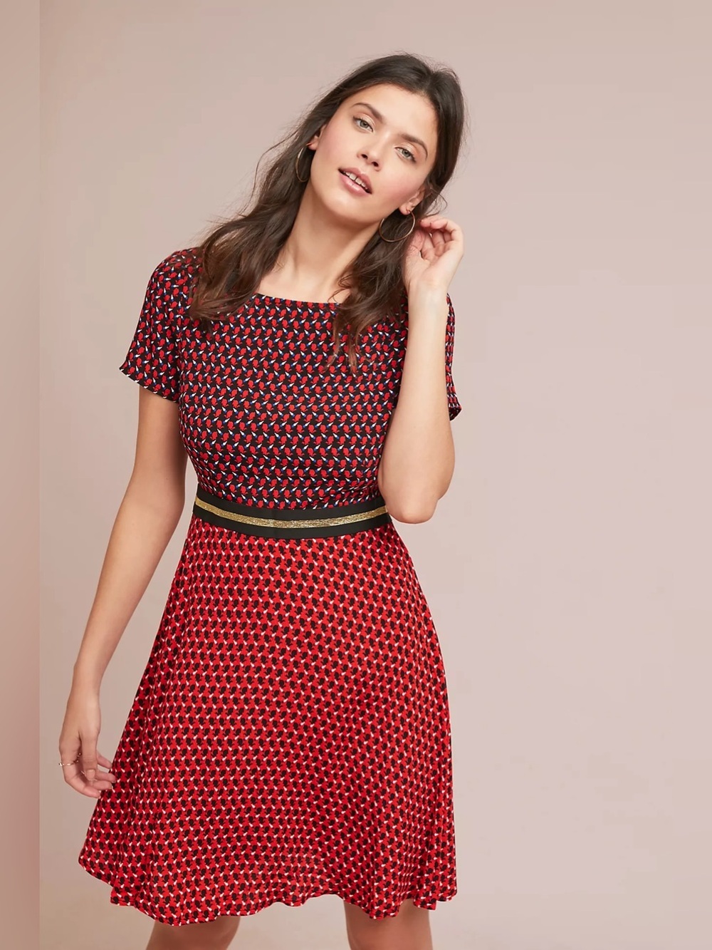 Maeve Amici Colorblocked Dress Rabbit Pattern Short-Sleeve Fit & Flare Dress